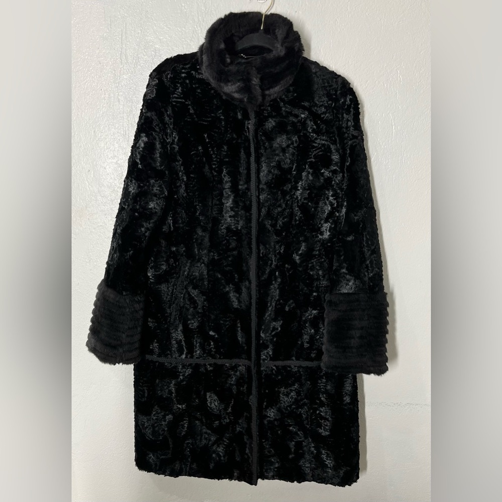 LAUNDRY By Shelli Segal Black Faux Fur Coat Mock Neck Pockets Sz Large